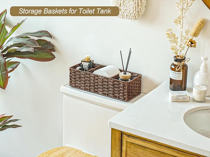 StorageWorks Toilet Paper Basket, Paper Rope Back of Toilet Basket, Walnut | Wicker Basket, Toilet Paper Storage for Back of Toilet Tank, Woven Baskets for Shelves, Wicker Baskets with 3 Compartments - Image 7