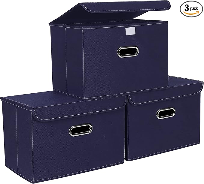 STOREONE Fabric Storage Cube Bins Foldable Organizer Container Collapsible Basket with Lids and Metal Handles, for Home, Bedroom, Closet 3 Pcs (Navy Blue) by STOREONE