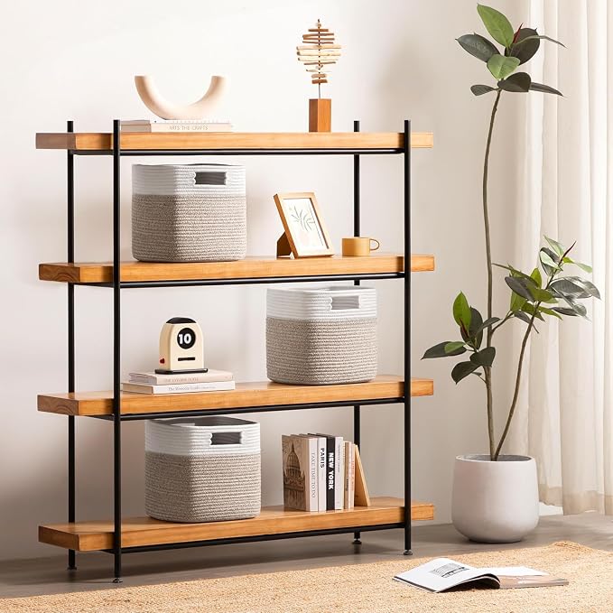 Dreamcountry 11 Inch Cube Storage Bins, Storage Cubes with Handles, 4 Pack Cotton Rope Basket for Shelves, Cube Storage Organizer forToys, Book, Clothes, Home, Office, Nursery, White/Brown - Image 3