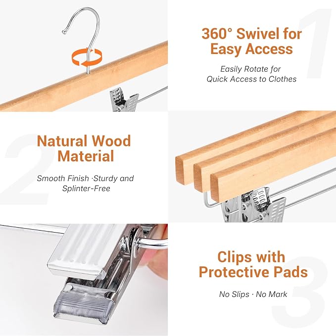 HOUSE DAY Wooden Pants Hangers with Clips, 20 Pack Skirt Hangers, Natural | 14-Inch Wood Hangers with Adjustable Non-Slip Metal Clips & 360° Swivel Hooks, Heavy Duty for Jeans, Slacks, Trousers, Shorts - Image 4
