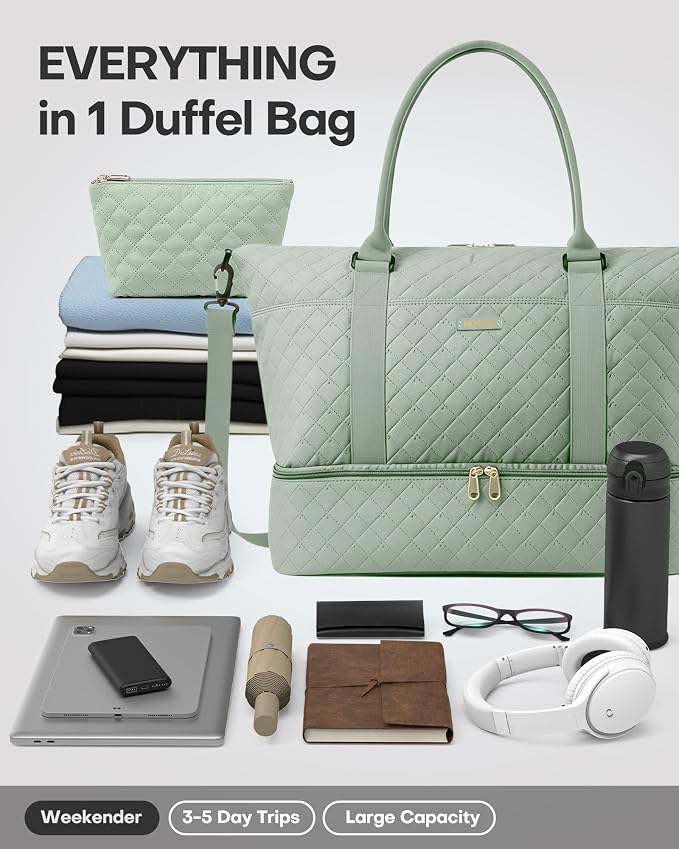 HOTOR Travel Duffel Bag - Weekender Bags for Women, Carry On Gym Tote Bags | with Toiletry Bag & Shoe Compartment, Overnight Bag for Travel Essentials and Travel Accessories, Green, 15.8"×18.1"×8.7" - Image 5