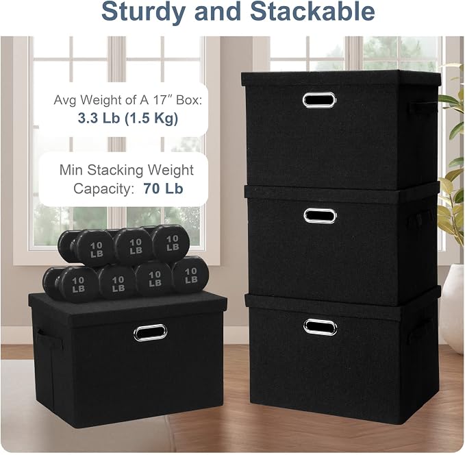 Graciadeco Large 17" 36 Quart Collapsible Stackable Storage Bins with Lids, 1 Pack Black Foldable Fabric Closet Storage Boxes with Lids, 4 Handles Heavy-duty Linen Cube Baskets for Bedroom | 36 Quart 1 Pack Black Collapsible Stackable Linen Fabric 4 Ha... - Image 4