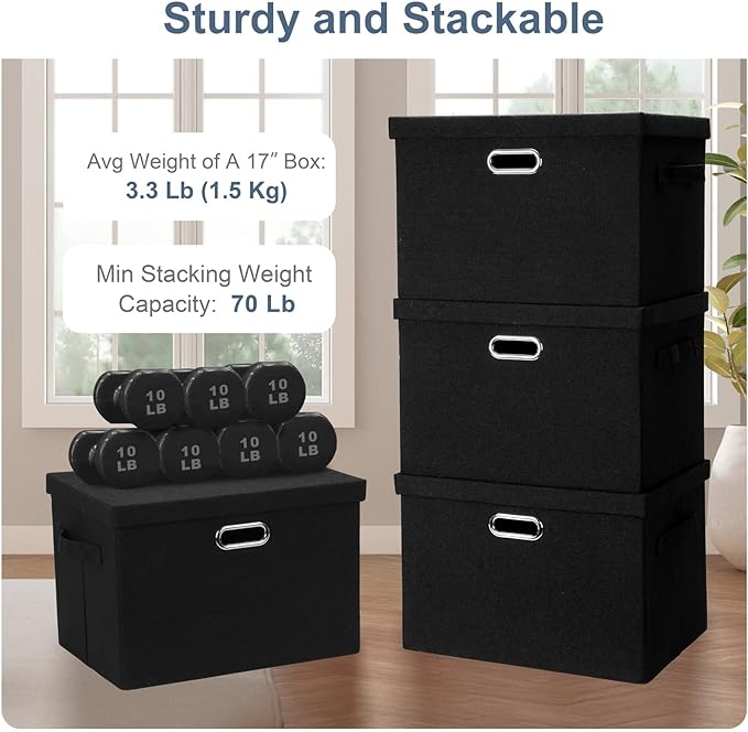 Graciadeco Large 17" 36 Quart Collapsible Stackable Storage Bins with Lids, 1 Pack Black Foldable Fabric Closet Storage Boxes with Lids, 4 Handles Heavy-duty Linen Cube Baskets for Bedroom | 36 Quart 1 Pack Black Collapsible Stackable Linen Fabric 4 Ha... - Image 4