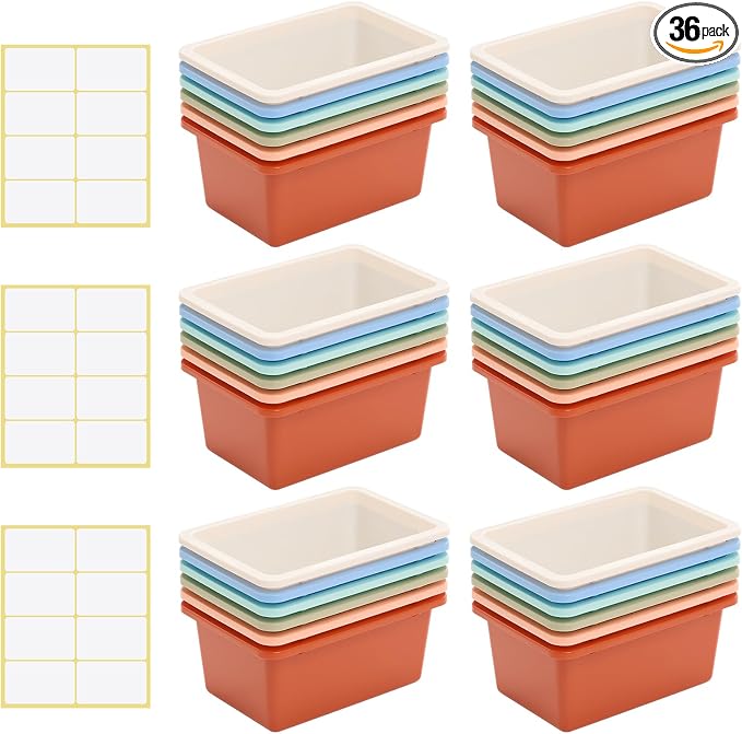 Outus 36 Pack Book Bins for Classroom Library Bulk Plastic Cubby Storage Bins Small Toy Organizer Containers with Self Adhesive Label for Kids Students Teachers School Office Home(Morandi Color) by Outus
