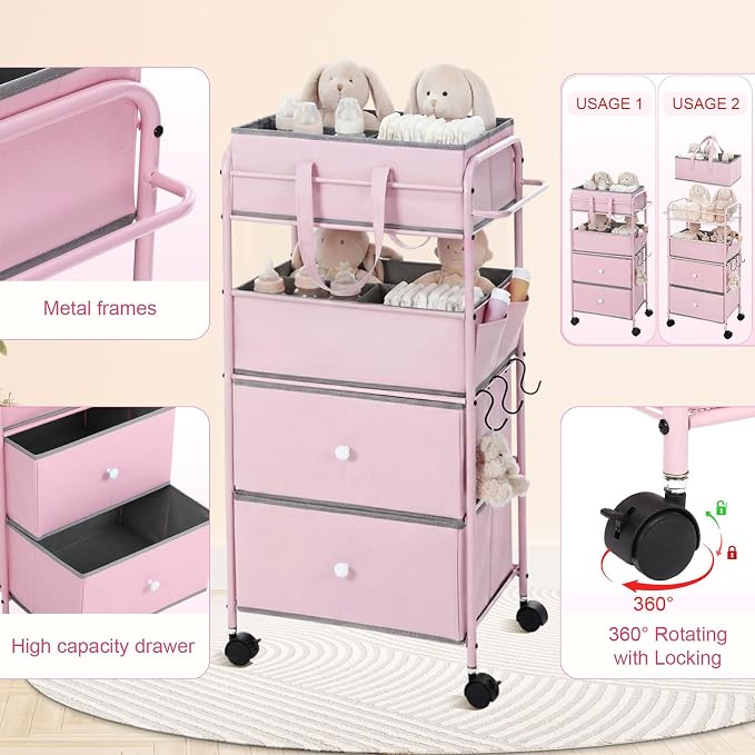 FoldTier 3In1 Baby Diaper Caddy Organizer Cart 4 Tier Large Capacity Metal Utility Bedside Rolling Cart with Divider Newborn Registry Nursery Essential Must Have Bedroom Gift Baby Shower(Pink) - Image 3