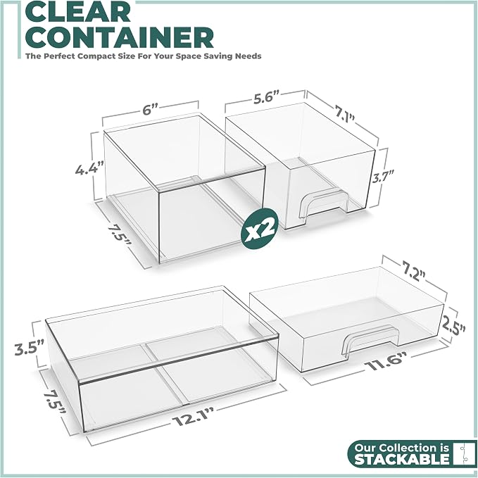Sorbus Clear Stackable Storage Drawers (3 Pack, 4.4'' Tall and 12.1'' Wide) | Acrylic containers with pull-out bins keep cosmetics, brushes and daily items sorted on bathroom counters or in cabinets. - Image 3