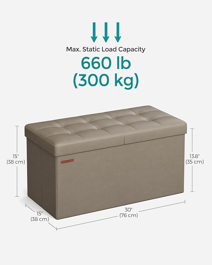 SONGMICS 30 Inches Folding Storage Ottoman Bench with Flipping Lid | Storage Chest Footrest Padded Seat, MDF Frame Support, Tan and Ink Black, MINOTA Collection ULSF045K03 - Image 3