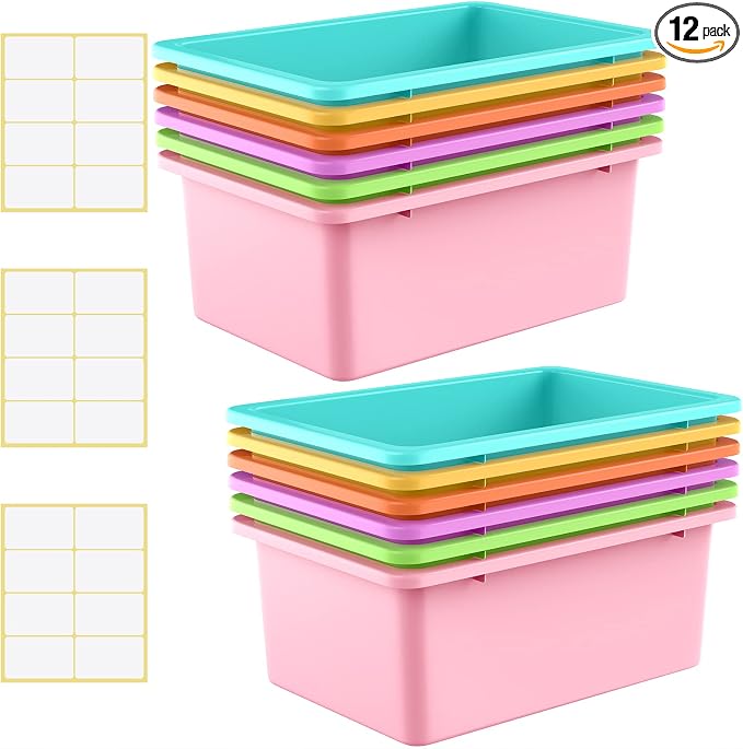 Zonon 12 Pcs Plastic Cubby Storage Bin Back to School Classroom Cubby Organization Storage Container with 1 Pack Self Adhesive Label for Office School Library(Candy Color,11.61 x 7.68 x 4.92) by Zonon