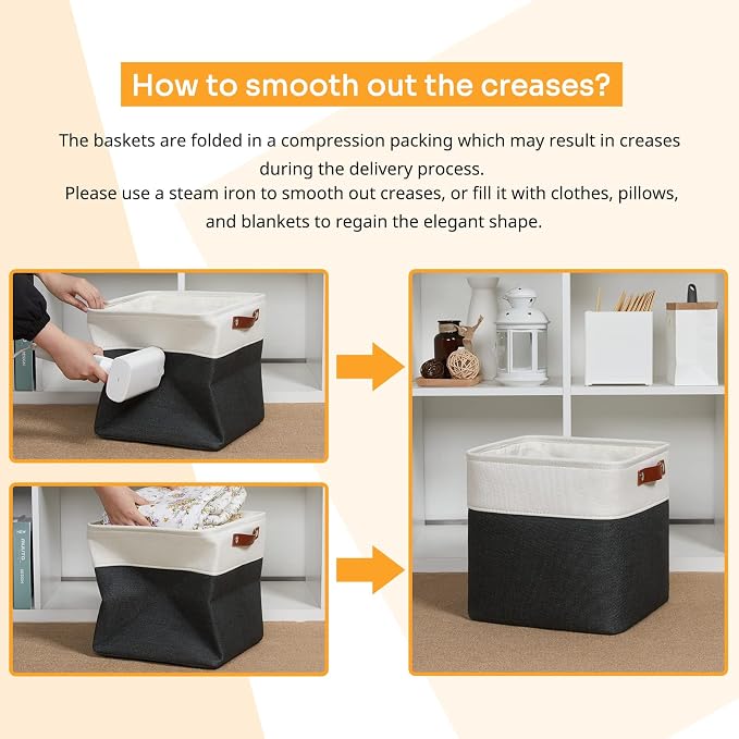 DULLEMELO Set Of 4 Cube Storage Bins, Fabric Storage Basket for Shelves Closet Storage, 12 Inch Collapsible Fabric Bins for Book Magazine Towel Organizers(4 Pack - 12" White&Black) - Image 6