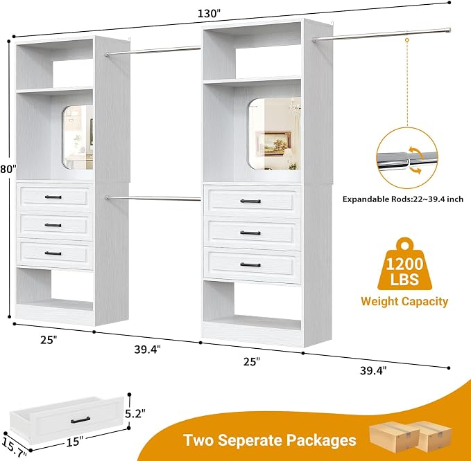 Unikito 6-14FT Wood Closet System with 6 Drawers and Mirror, White | Sturdy walk-in organizer wardrobe for clothing, clothes rack with 3 hanging rods, freestanding garment storage tower. - Image 7