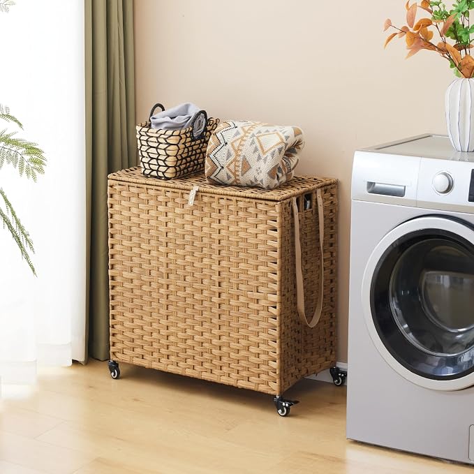 Laundry Hamper with Wheels, 39.6 Gallon(150L) Rolling Laundry Basket with Lid, 3-Section Rattan Clothes Hamper with 3 Removable Liner & 3 Mesh Bags, Laundry Sorter with Side Pocket, Natural - Image 2