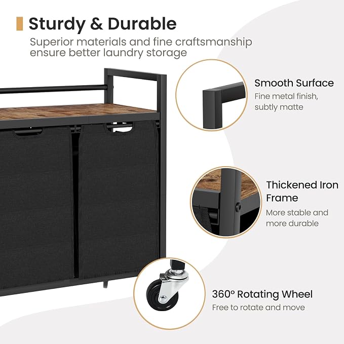 SwaaVee Laundry Sorter, Laundry Hamper with Wooden Top Shelf, 2×14.5Gal(110L), Metal Frame laundry basket with wheels, Pull out and Removable Laundry Bags, 2 Bags-Black - Image 5