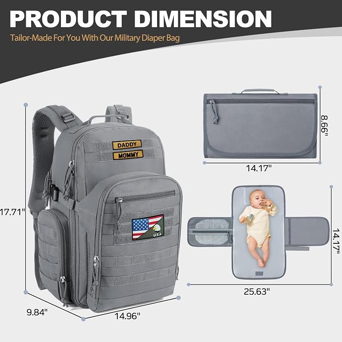 MIRACOL Dad Diaper Bag Military - Tactical Baby Backpack with Changing Pad for Outdoor Baby Care - Water-Resistant Fabric & MOLLE System Ideal for Travel Hiking Parks Grey - Image 6