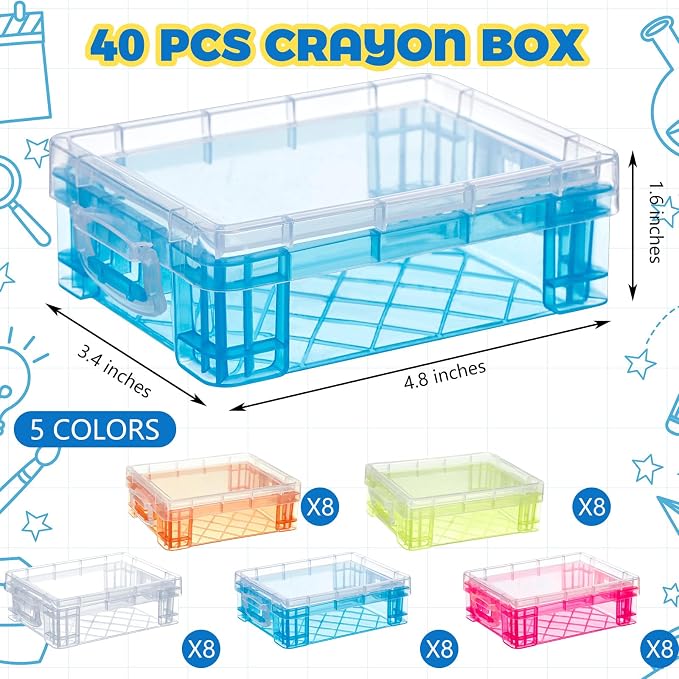 Suzile 40 Pcs Plastic Crayon Boxes Holds 24 Crayon with Snap Lid Storage Container Clear Stackable Case for School Office Classroom Supplies Pen Pencil Craft(Clear, Red, Green, Blue, Orange) - Image 2