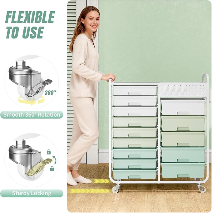 14 Drawer Rolling Storage Cart with Tabletop and Pegboard for Crafts Green | Easy Setup, Large Capacity, Sturdy Build, Smooth Mobility, For classroom, office and dorm supplies - Image 6