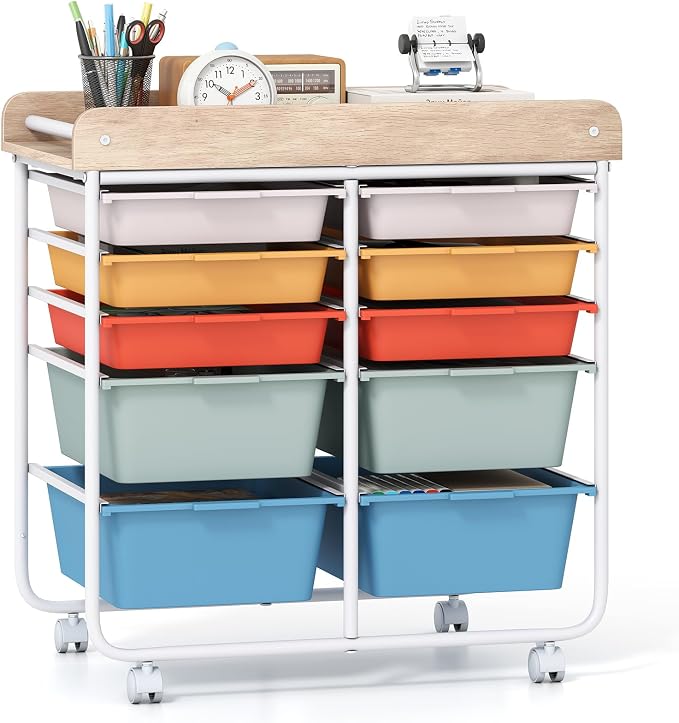 Giantex Rolling Storage Cart with 10 Drawers, Utility Cart w/Wooden Tabletop, Handle, Lockable Wheels, Multipurpose Organizer for Art Craft Scrapbooks Paper, Drawer Carts for School Office, Macaron by Giantex