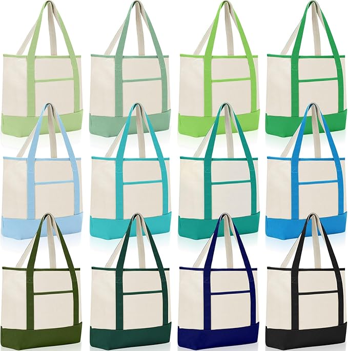 Sanwuta Canvas Tote Bags Bulk with Outer Pockets,Forest Color,12 Pack | Reusable Cotton Grocery Bags, Perfect for Teachers, Party Giveaways, DIY Crafts, Wedding Favors, Business Gifts by Sanwuta