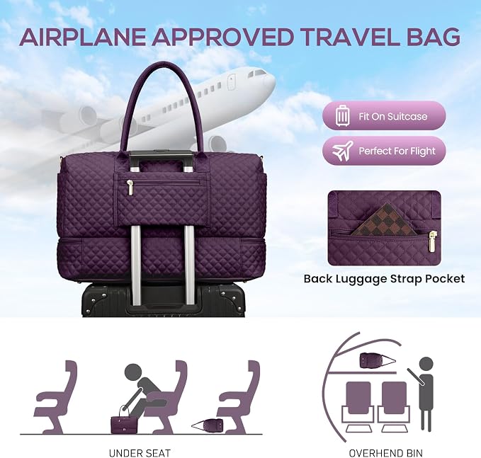 Travel Duffle Weekender Bags for Women - Carry on Overnight with Shoe Compartment Duffle Bag Hospital Bag Dark Purple - Image 8