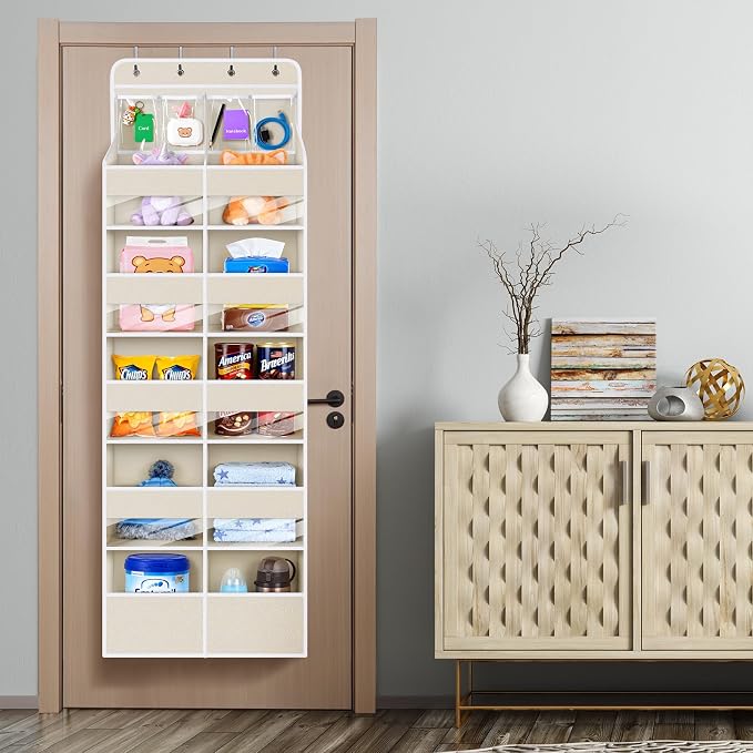 Univivi Upgraded Over Door Organizer for Baby Stuff, Beige Pattern, 6-Shelf | Fabric Behind Door Storage with Clear Window Deep Pockets, Over Door Hanging Organizer for Baby Essential, Bedroom, and Dorm - Image 6
