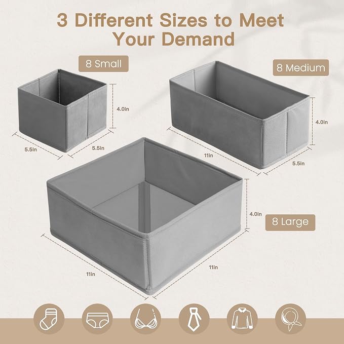 Drawer Organizer Clothes, 24 Pack Dresser Organizer for Baby Clothes, Underwear, Sock- Foldable Closet Organization and Storage Dividers Bins for Nursery, Bedroom and Dorm (Grey) - Image 2