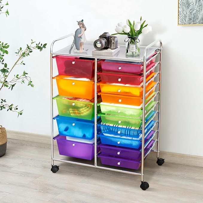15 Drawer Rolling Storage Cart, Rolling Cart with Drawers for Classroom, Art Supply Craft Organizer on Wheel with Metal Frame & Handles for Home Office School - Image 8