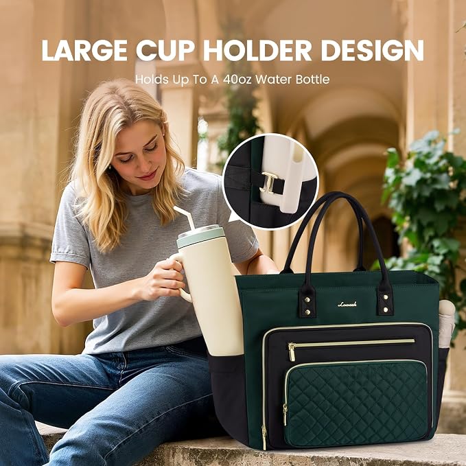 LOVEVOOK Laptop Tote Bag for Women, Work Bags Computer Laptop Bag, Teacher Tote Bag, Professional Briefcase Business Large Purses Handbag Gifts, Dark Green-Black, 17 Inch - Image 6