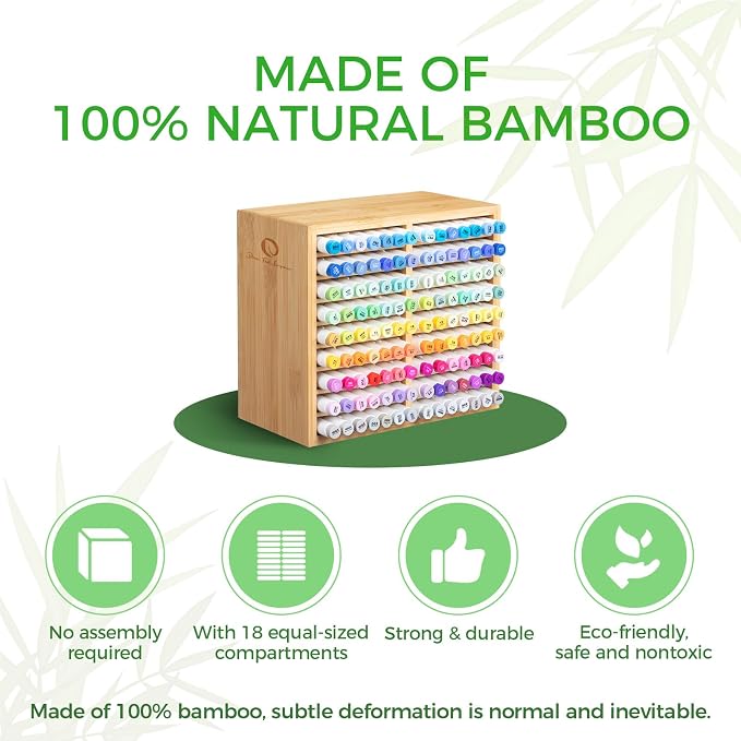 Ohuhu Bamboo Marker Organizer, Wooden Desktop Storage Holds 126 Markers | Markers Pens Pencils Art Brushes Stationary Organizer Pencil Holder with 18 Compartments for Classroom Office Decor Home - Image 4