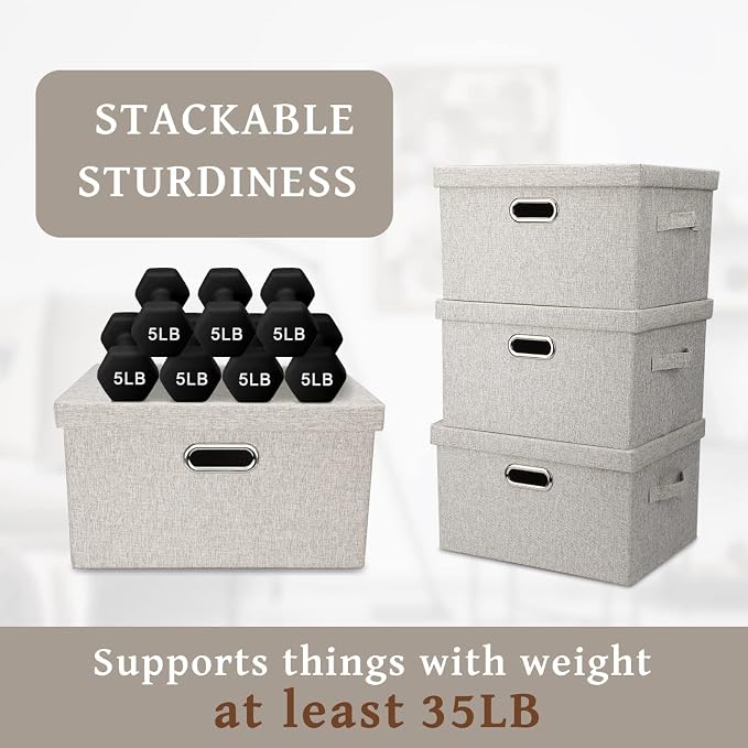 Storage Bins with Lids Fabric Closet Organizers Cubes Office Organization | 21 Quart 5 Pack Beige Collapsible Stackable Linen Fabric 4 Handles Bedroom Closet Cabinet Under Bed Clothes Toy Office File - Image 4