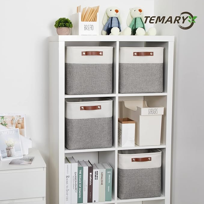 Temary 12 Inch Storage Baskets Foldable Fabric Storage Cubes 4PCs Storage Bins Organizer with Handles, Baskets for Organizing Clothes, Towels (White & Grey, 12 x 12 x 12) - Image 6