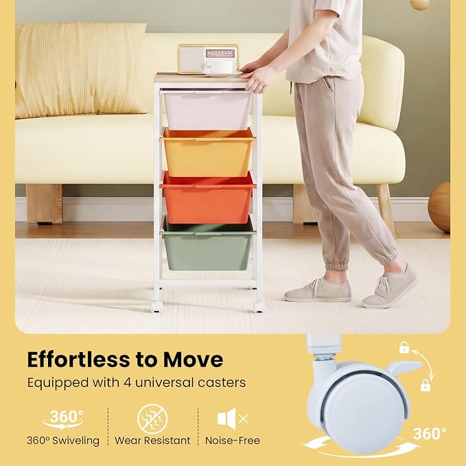 Rolling Storage Cart with 4 Drawers, Plastic Craft Organizer on Wheels with Wooden Top, Mobile Art Supply Utility Cart for Classroom, Home, Office - Image 6