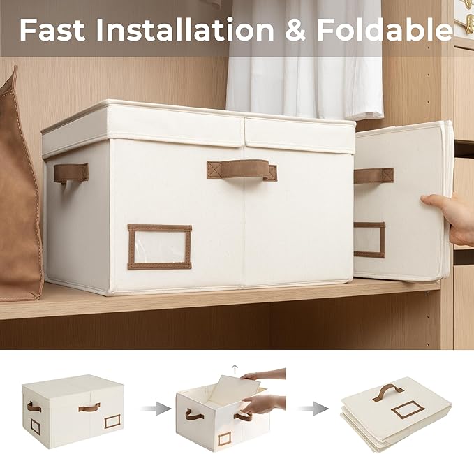 StorageWorks Large Clothes Storage Bins, Fabric Boxes with Divider Board, Baskets for Clothes, Linen Closet Organizers with Lid, Ivory White, 2-Pack - Image 4