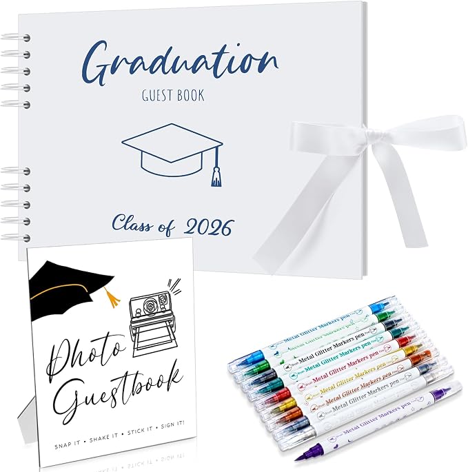 12 Pcs 2026 Graduation Guest Book with Photo Sign Decor 80 Pages Class of 2026 Scrapbook Photo Album with 10 DIY Dual Tip Metallic Markers Pens Gift, Exclude Camere(Graduation Cap,White,10.4 Inches) by MotiMind
