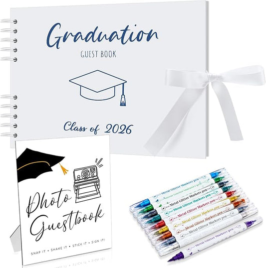 12 Pcs 2026 Graduation Guest Book with Photo Sign Decor 80 Pages Class of 2026 Scrapbook Photo Album with 10 DIY Dual Tip Metallic Markers Pens Gift, Exclude Camere(Graduation Cap,White,10.4 Inches) by MotiMind