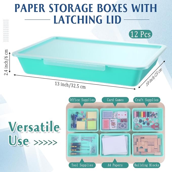 12 Pcs Classroom Paper Storage Bins with Clear Latching Lid, Label Stackable Letter Size Flat Tray Container for Teacher Back to School Supplies Home Office Desk Arts Crafts (Teal,13x10in) - Image 2
