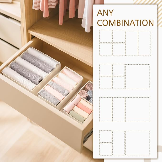26 Pack Drawer Organizer for Clothes, Foldable Dresser Dividers with 3 Sizes, Fabric Storage Bins – Beige - Image 6
