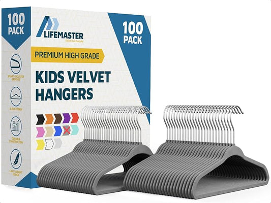 Gray Velvet Kids Hangers 100 Pack, 10.83" Non-Slip Baby & Toddler Hangers for Clothes, Space-Saving Slim ABS Plastic with 360° Swivel Hook & Notched Shoulders, Up to 10 lb Capacity by LIFEMASTER
