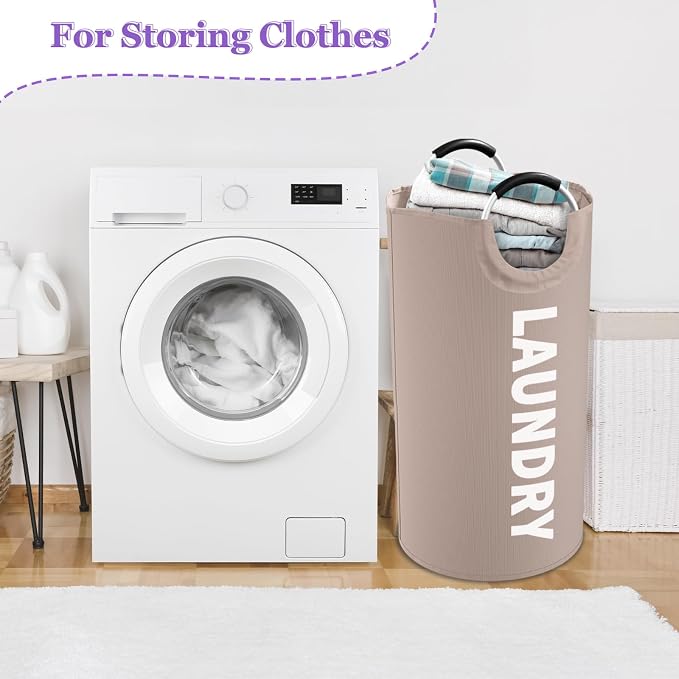 95L Folding Laundry Basket for Singles, Large Laundry Hamper with Aluminum Handles, Freestanding Dirty Clothes Basket, Sturdy Oxford Fabric Clothes Hampers for Travel, Dormitory, Khaki - Image 5