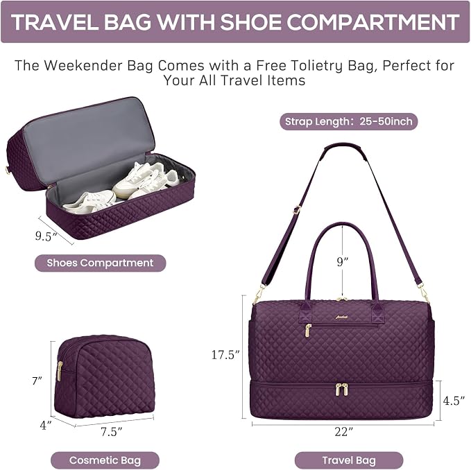 Travel Weekender Duffle Bags for Women - Large Carry On Bag with Shoe Compartment Overnight Bag with Toiletry Bag Duffel Bags with Wet Pocket for Gym Hospital Bags for Labor and Delivery Dark Purple - Image 3