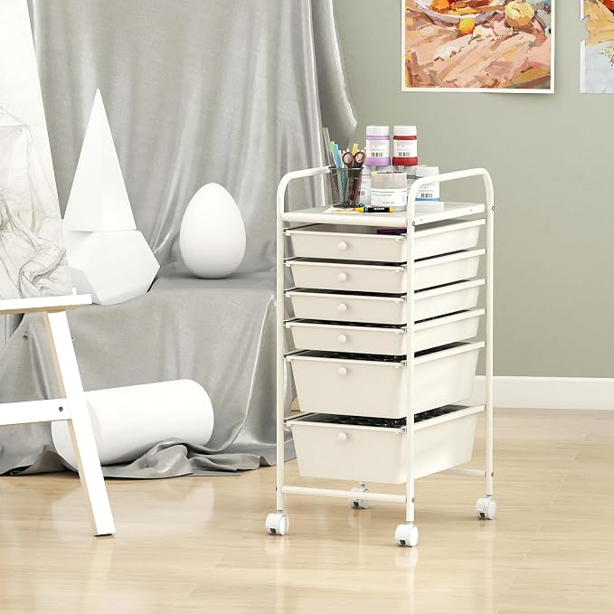 Giantex 6 Storage Drawer Cart Rolling Organizer Cart for Tools Scrapbook Paper Home Office School Multipurpose Mobile Utility Cart (Ivory) - Image 5