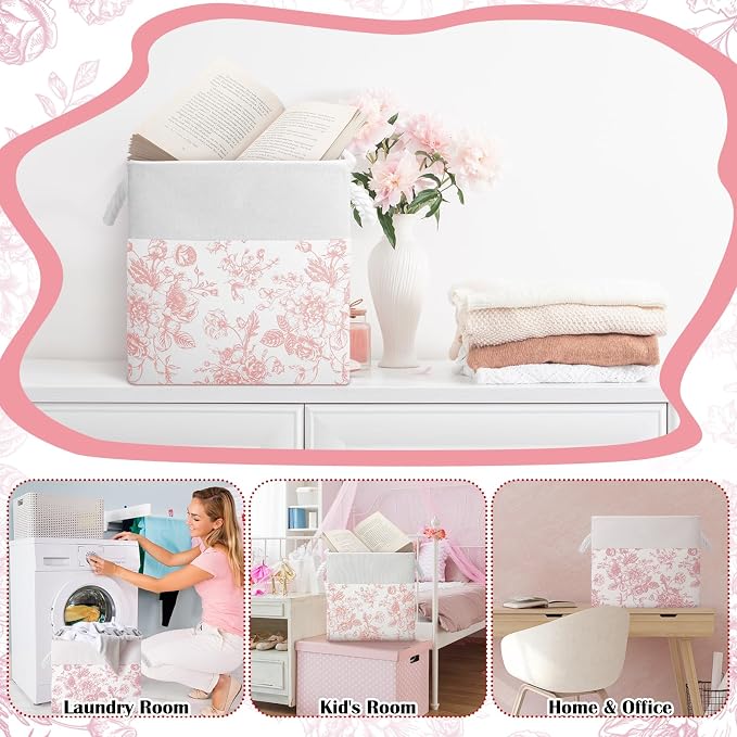 LemonRoad 6 Pcs Pink Floral Cube Storage Bins 11.22 Inch Square Storage Basket with Handle, Preppy Girls Organizer Basket, Collapsible Fabric Box for Classroom Bedrooms Office Home Decoration Gift - Image 7
