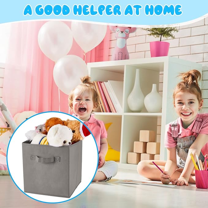 Yinder 12 Pcs Cube Storage Bin Grey 10.5''x10.5''x11'' Storage Bins for Playroom Decor Colorful Bins for Kids Foldable Baskets for Nursery Organizer Boxes Fabric Boxes - Image 4