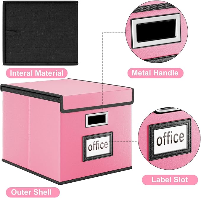 File Organizer Box with Lids, Collapsible File Folder Organizer | File Box with Plastic Slides for Document, Filing Bin for Letter Size Hanging File Folders (4 Pack, Pink, Leather) - Image 3