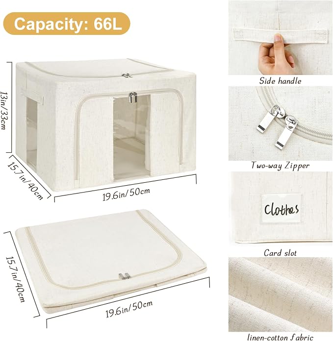 3 Pack Clothes Storage Bins with Metal Frame,Foldable Storage Bin with Lid for Clothes,Stackable Cotton Linen Fabric Organizer Set with Carrying Handles and Clear Window(Beige, 66L) - Image 4