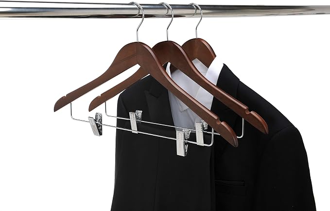 Quality Wooden Skirt Hangers with Clips, 10-Pack Smooth Solid Wood Pants Hangers with Durable Adjustable Metal Clips, Swivel Hook, Coat, Jacket, Blouse Suit Hangers (Walnut - Chrome Hook, 10) - Image 4