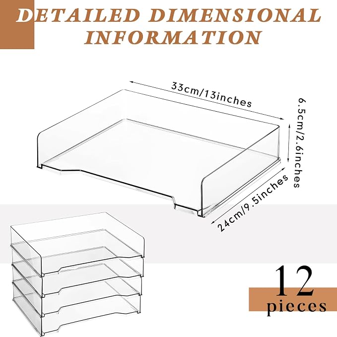 DoubleFill 12 Pcs Stackable Letter Tray Plastic Paper Tray, Clear | 13 x 9.5 x 2.6 In, Rectangular, Paper Holder, File Tray for Desktop Office Desk Drawers - Image 2