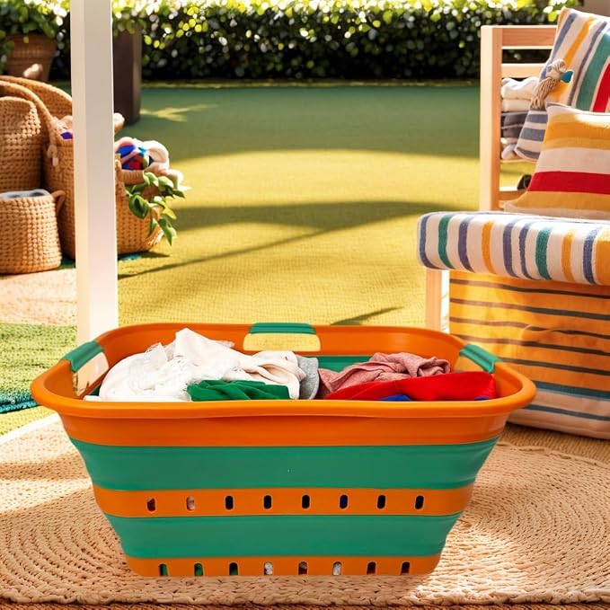 SAMMART 42L (11 gallons) Set of 2 Plastic Foldable Storage Basket/Container - Collapsible, Space Saving and Portable Laundry Hamper, Ideal for Home, Travel, Dorm (2, Autumn Leaf/Forest Green) - Image 4