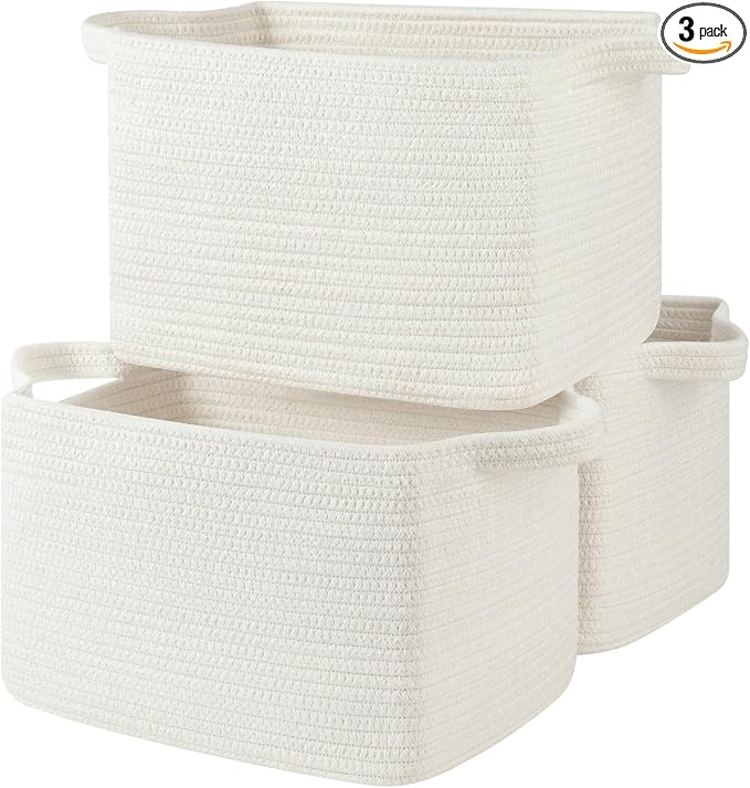 OIASKET Storage Baskets for Organizing, Woven Baskets for Shelves, Rectangle Decorative Organizer for Storage Clothes, Toy, Books, Towels Nursery Bins 3 Pack (White, 13"x9.85"x8.7") by OIASKET