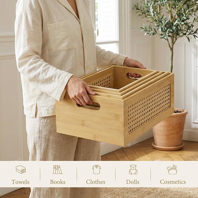 Rattan Wooden Box Set of 4 Handmade Decorative Storage Basket with Handles | Natural Bamboo Woven Storage Basket Rustic Farmhouse Decor Home Office Tabletop Shelf Drawer Closet Desk Organizer, Natural - Image 2