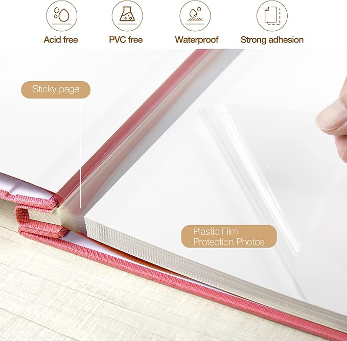 potricher Self Adhesive Photo Album 40 Pages, Linen cover, Pink | Photo Album Self Adhesive 4x6 5x7 8x10 Pictures, Linen Cover DIY Scrapbook Albums for Family, Wedding, Baby, Anniversary - Image 4