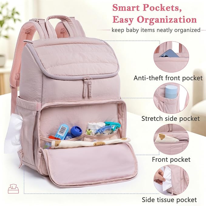 Puffy Diaper Bag Backpack for Mom, Lightweight Quilted Baby Bag with Waterproof Changing Pad, Large Travel Diaper Backpack with Insulated Bottle Pockets, Wipes Pocket, Stroller Straps - Image 4